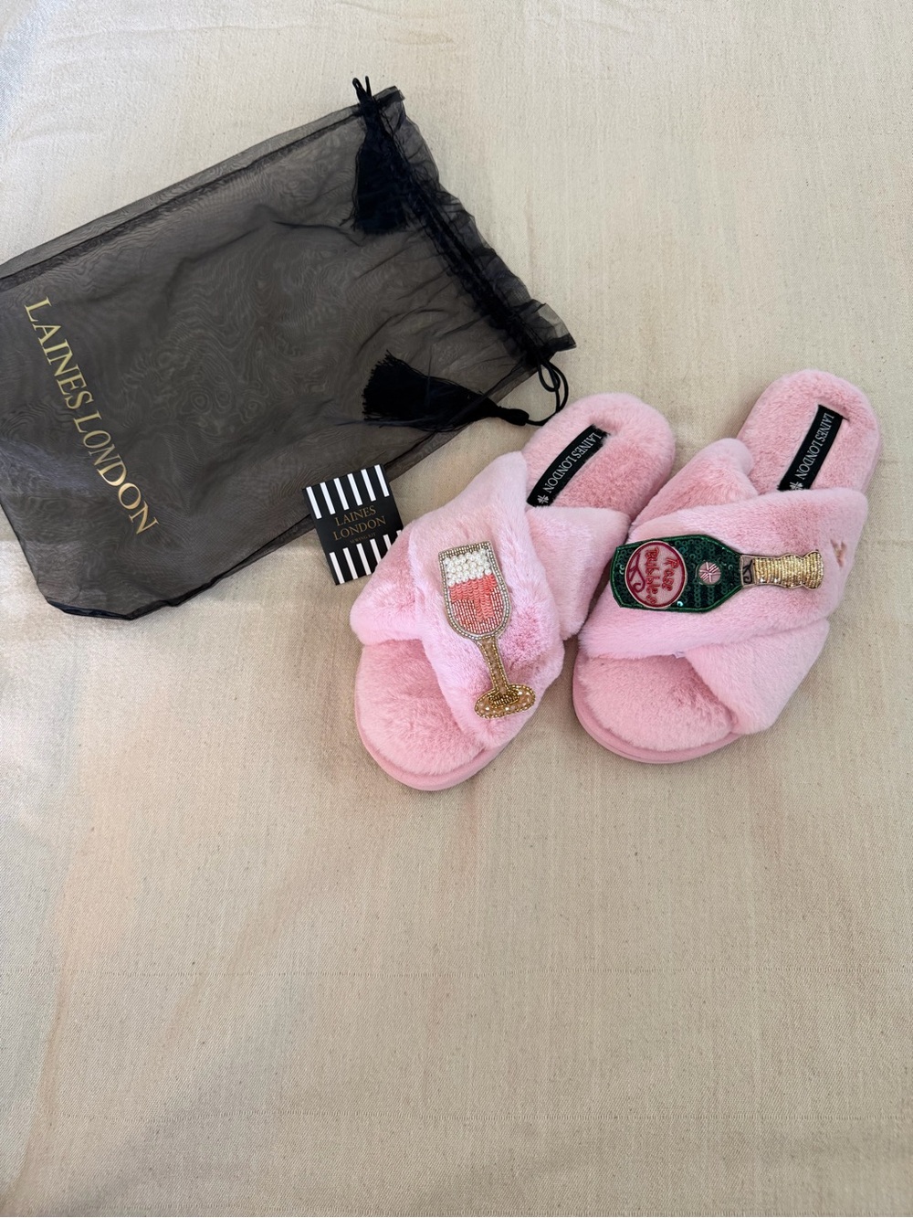 Women’s Pink Plush Slide Slippers with Wine & Glass Patches